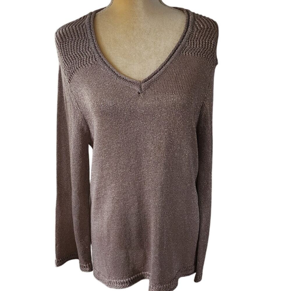 Democracy Metallic Thread Pink Knit V-Neck Pullover Sweater Size Large